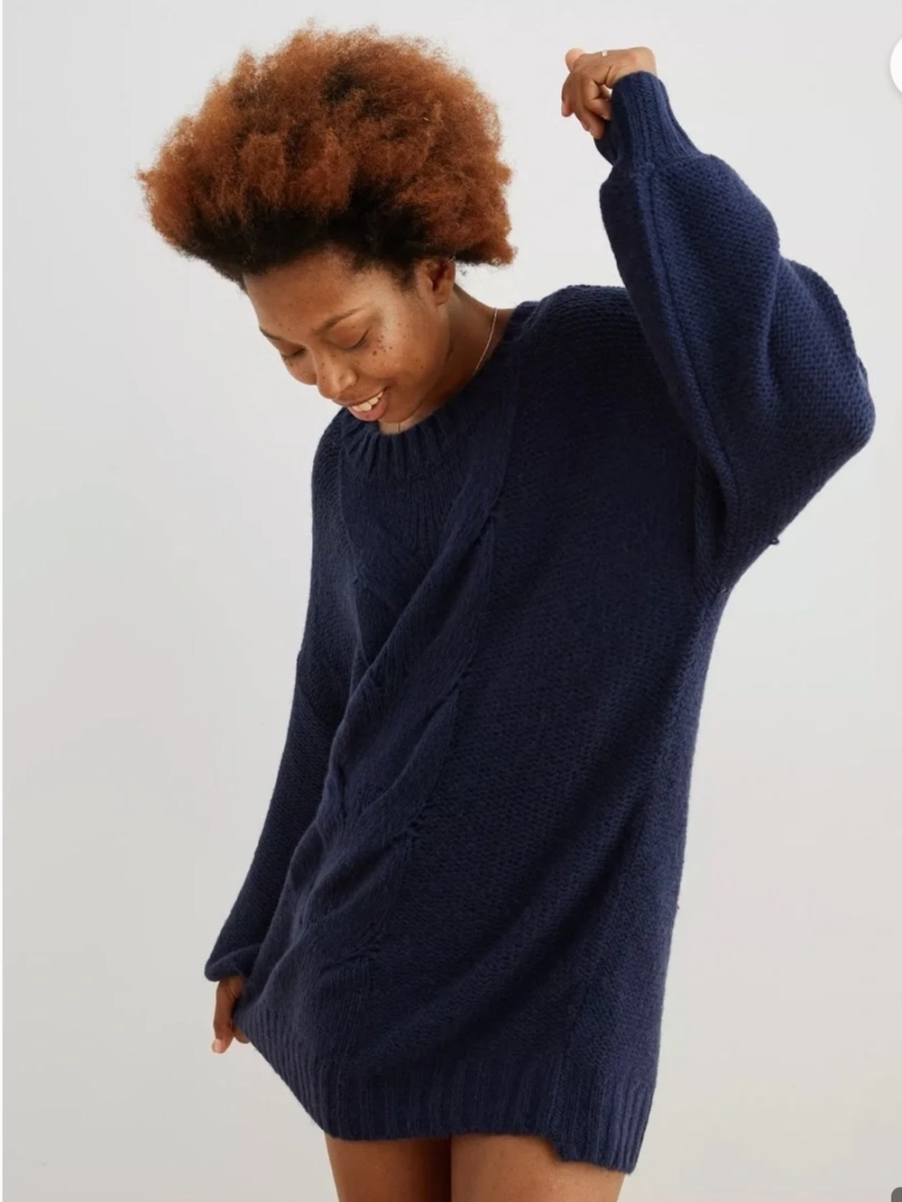 aerie Oversized Cable Knit Crew Sweater in Navy
